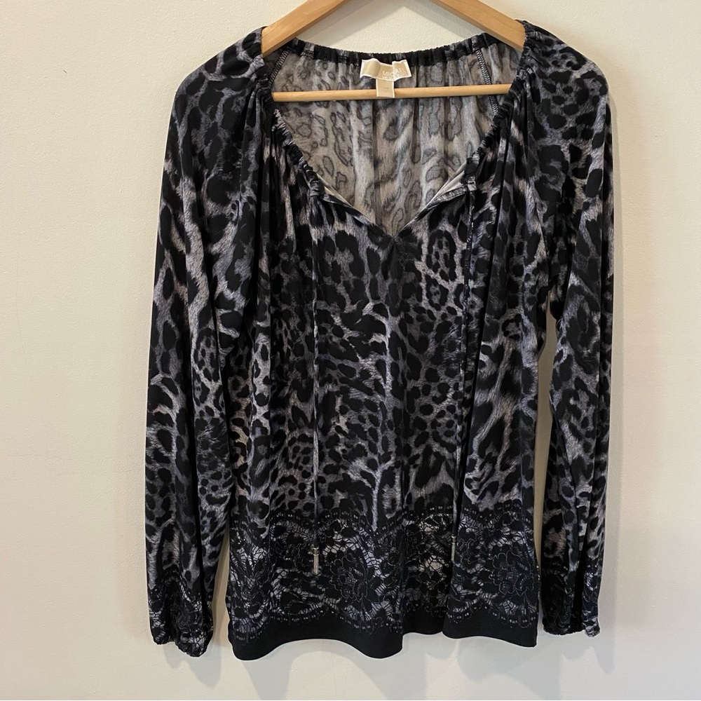 Michael Michael Kors long sleeve black leopard lace print top size med flowy